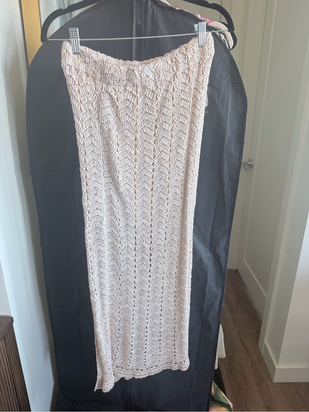LoveShackFancy Pale Pink Crochet Pencil Skirt